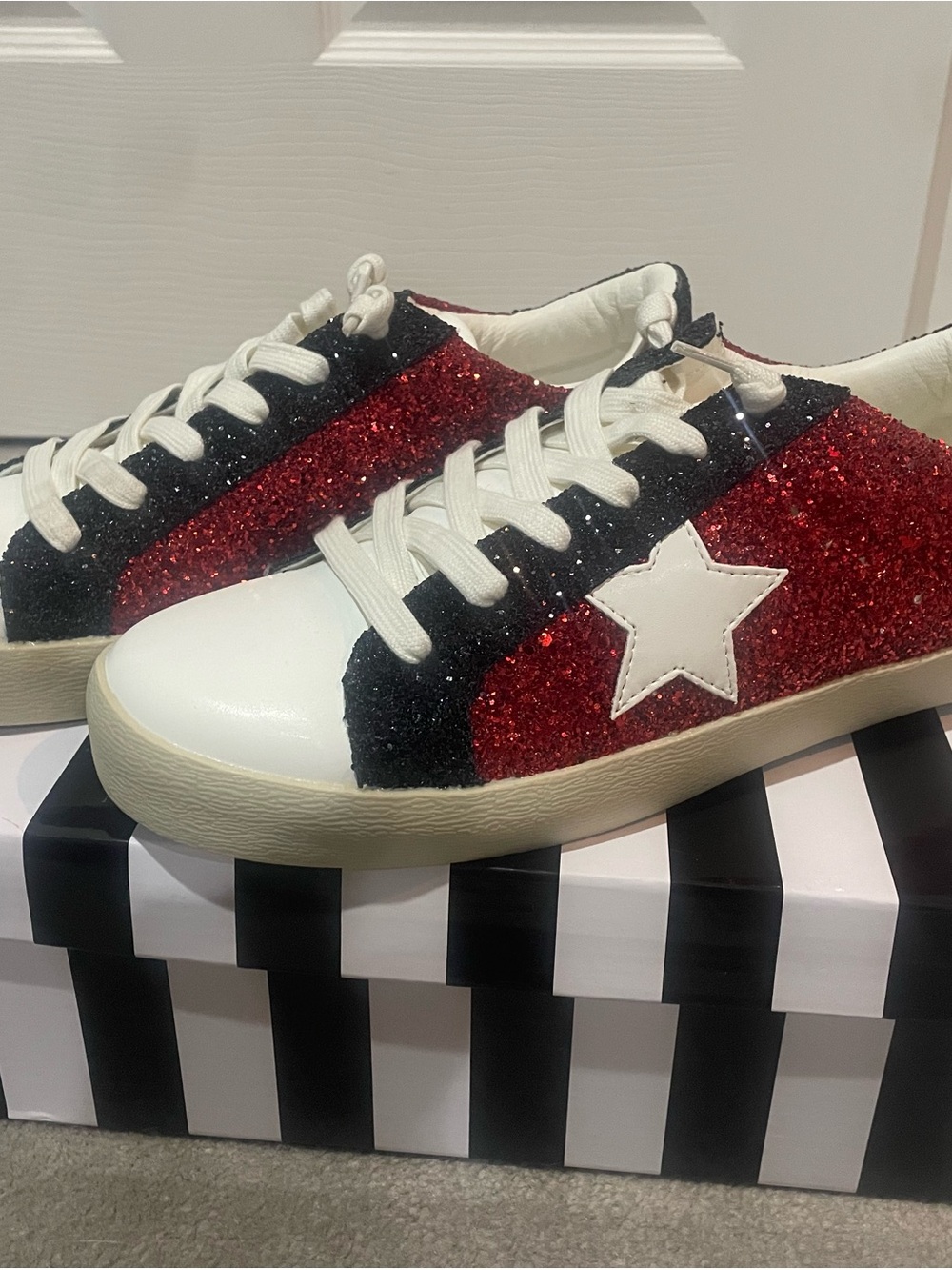 Golden Threads Red and Black Glitter Star Sneakers
